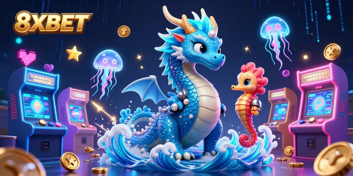 Engage with the thrilling adventures of 8XBET through vibrant underwater gaming with a dragon and seahorse.