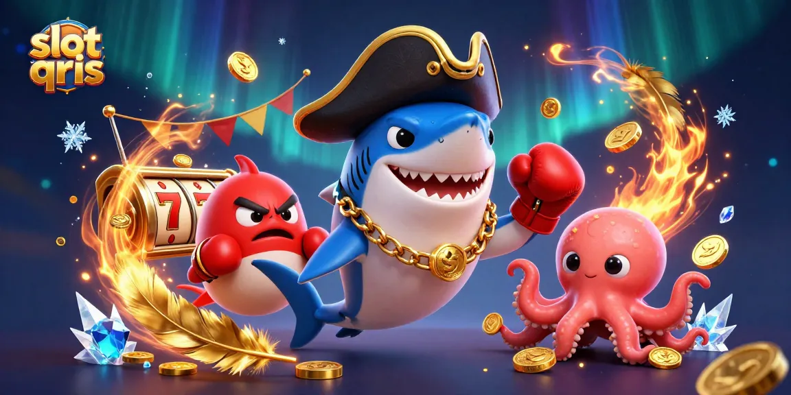 Spin the slot qris reels with a cartoon pirate shark and friends in a rich casino scene.