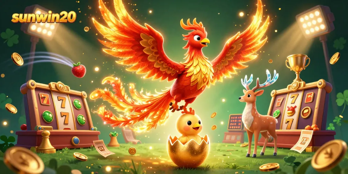 Experience thrilling wins with sunwin20 in a vibrant 3D illustration showcasing a phoenix and slot games.