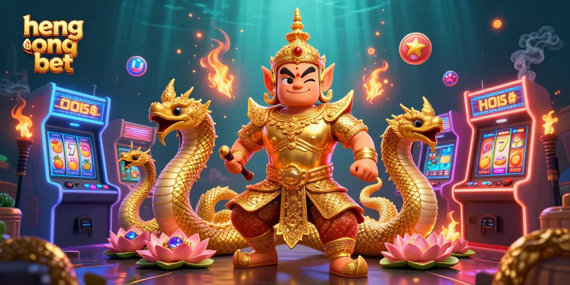 Engage with heng ong bet at a vibrant casino scene featuring golden guardians and arcade games.