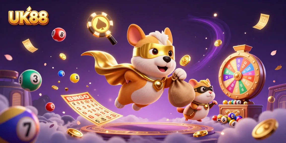UK88 showcases thrilling wins with a superhero dog and vibrant casino elements flying through the air.