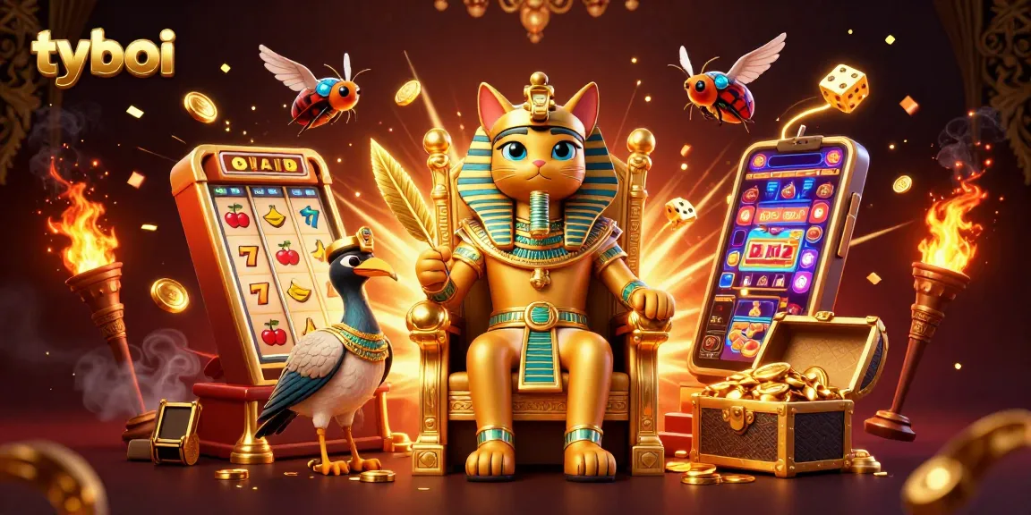 Spin the tyboi slot machine with Pharaoh cat and treasures in a vibrant 3D casino scene.