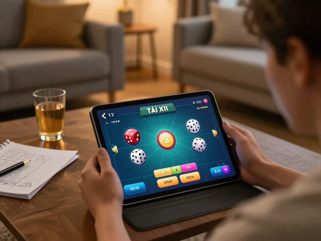 Tài Xỉu online gameplay on a tablet, showcasing interactive betting interface and cozy ambiance