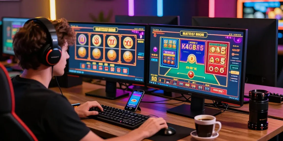 Fesselndes Paysafe Card Casino-Erlebnis mit einem Spieler, der sich auf Live-Spiele auf zwei Monitoren inmitten lebendiger Farben und ambienter Beleuchtung konzentriert.