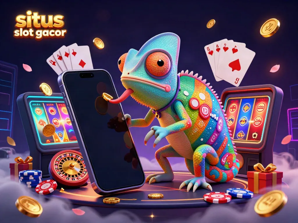 Engage with the vivid universe of situs slot gacor, featuring a chameleon casino owner, golden coins, and dynamic gaming elements.