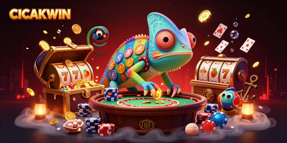 CICAKWIN showcases a vibrant casino scene with a chameleon owner and spinning slot reels, surrounded by treasures.