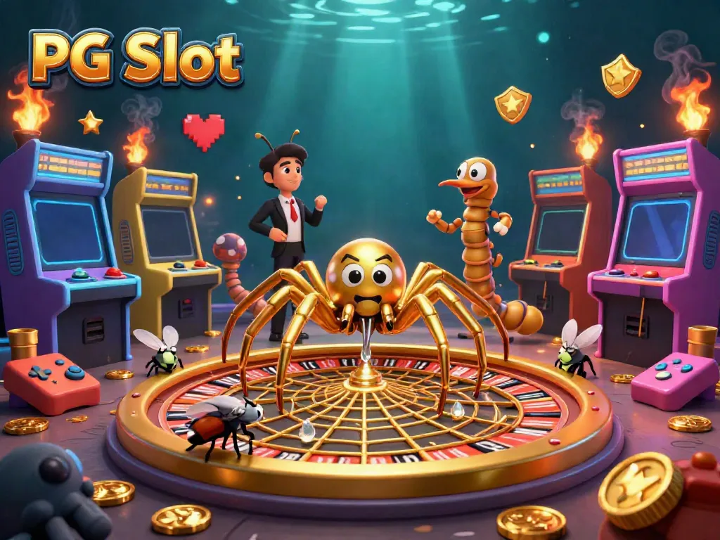 Spin and win with PG Slot in this vibrant 3D casino scene featuring a golden web and exciting game elements.