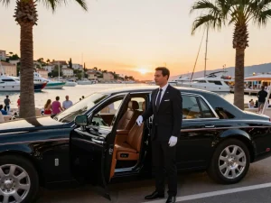 Service de chauffeur de luxe Taxi Saint-Tropez au coucher du soleil sur la plage