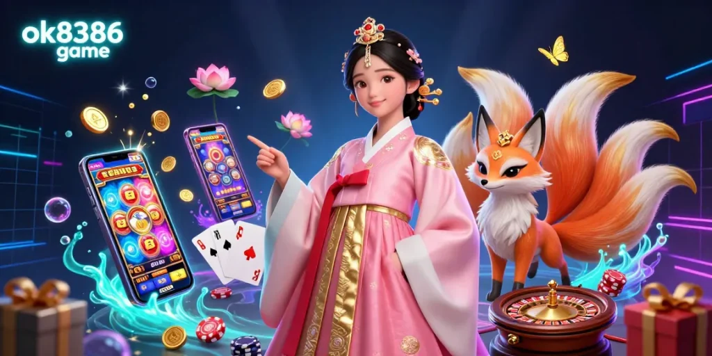 Engage with the vibrant ok8386 game featuring an elegant character amidst slot games and shimmering elements.