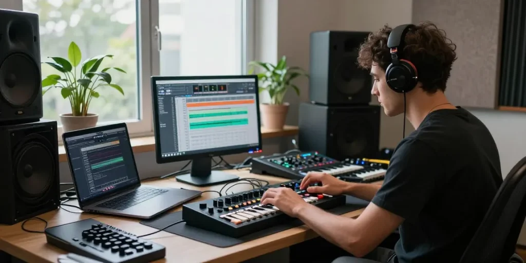 Music producer using SC88 sound module in a modern studio setting