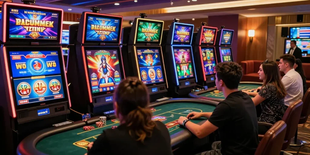 Scena emozionante di un casino non AAMS con giocatori diversi che partecipano a giochi con croupier dal vivo e colorate slot machine.