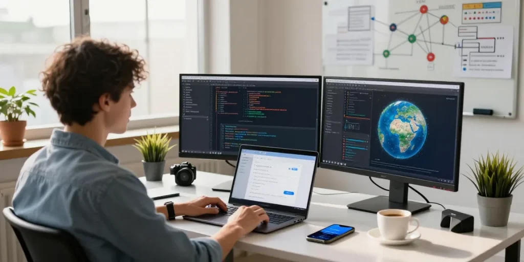 快连 user experiencing fast network connections in a modern tech workspace with coding software and professional equipment.