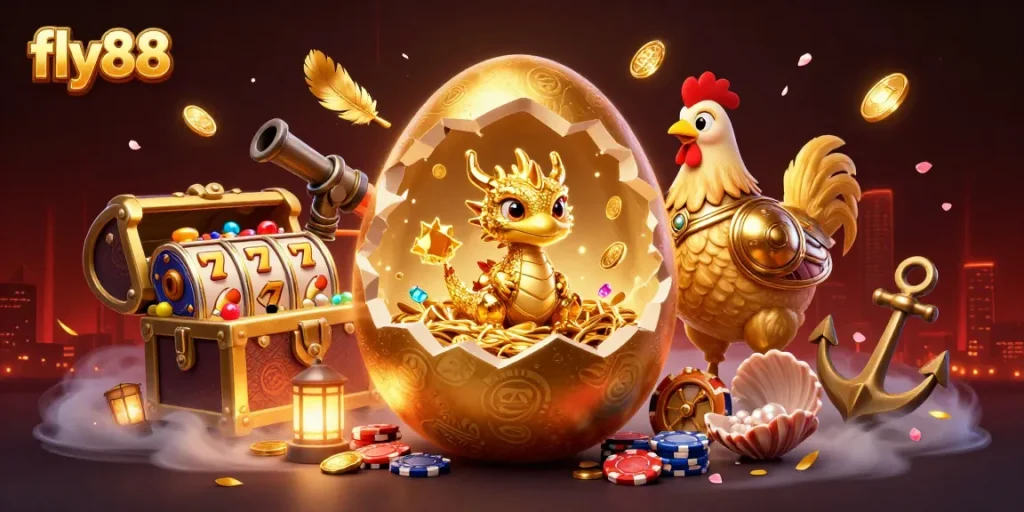 Experience the magic of fly88 as a golden dragon emerges from an egg surrounded by shimmering casino elements.