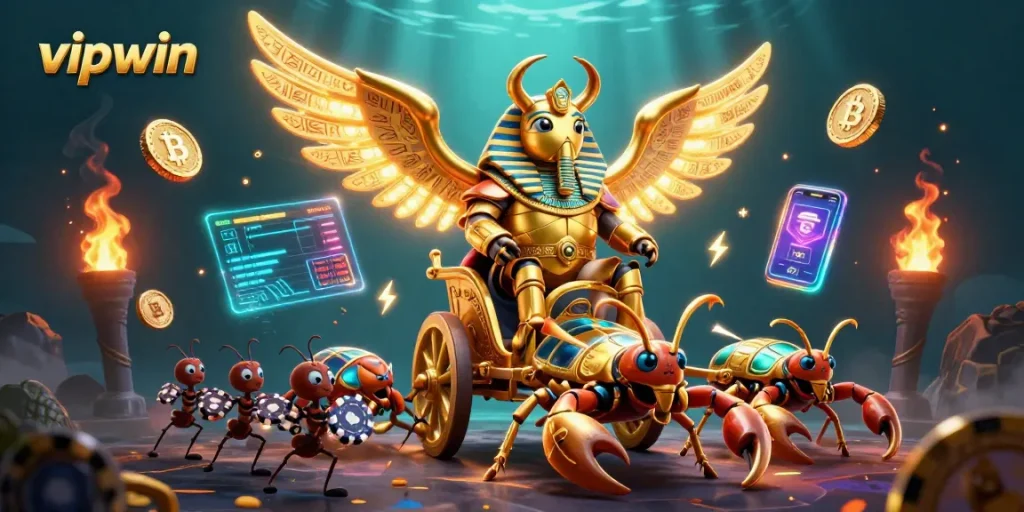 Experience thrilling wins with vipwin in a vibrant 3D casino scene featuring games and crypto elements.