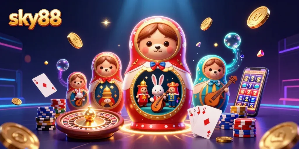 Experience thrilling gameplay at sky88 with vibrant characters amidst cascading coins and casino elements.