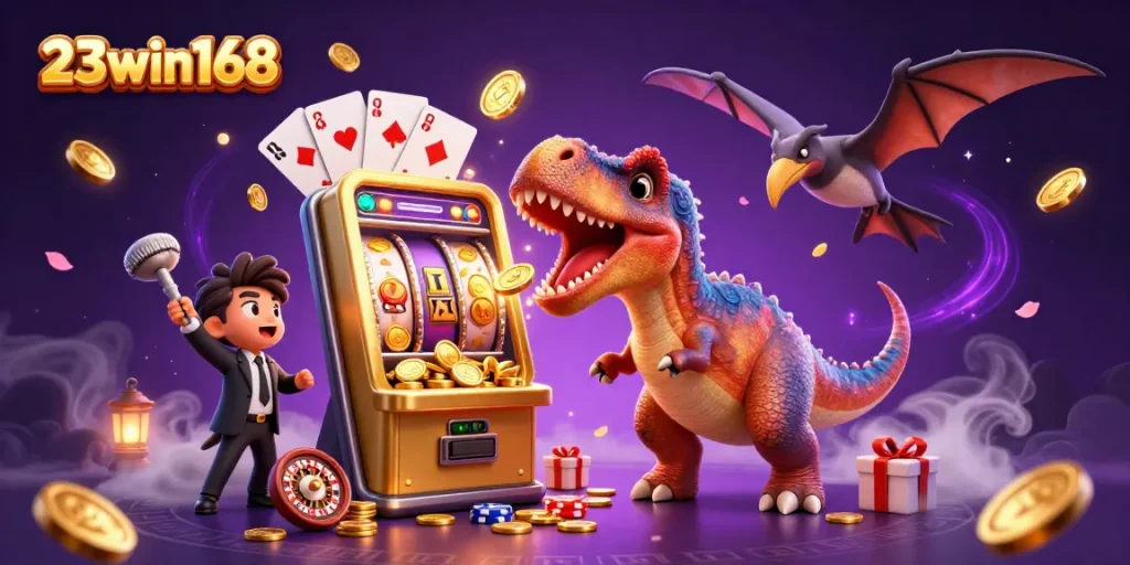 Experience the thrill of 23win168 with a pachycephalosaurus jackpot scene, dynamic casino elements, and vibrant colors.