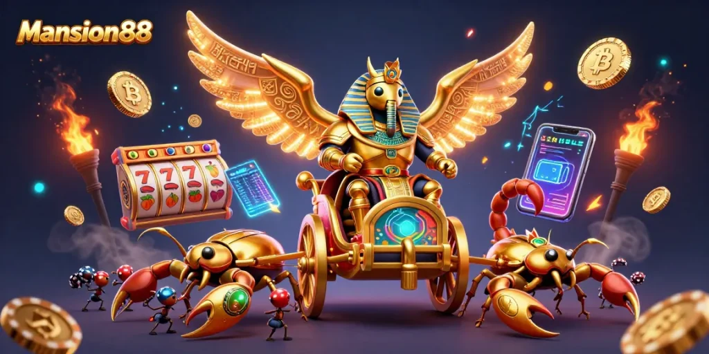 Engage in winning strategies at Mansion88 with a vibrant casino scene featuring slot reels and a golden beetle.
