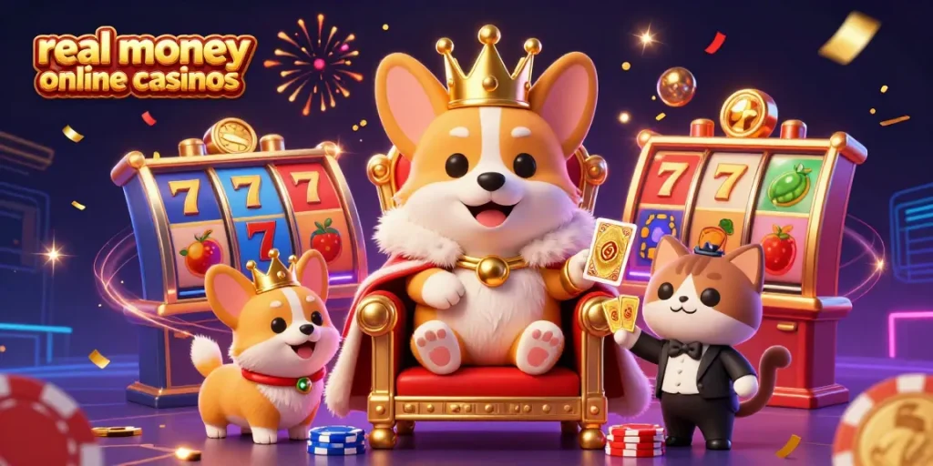 Enjoy vibrant games at real money online casinos featuring a royal corgi and dynamic slot elements.