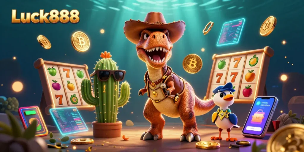 Engage with Luck888 in this vibrant casino scene featuring a T-Rex, cactus, and slot game elements.