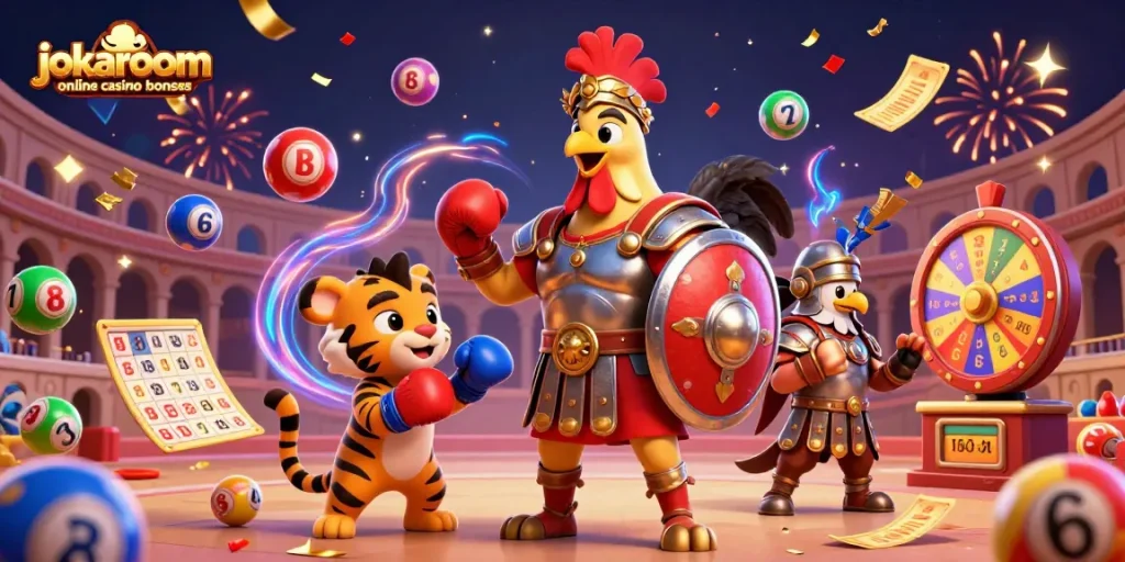 Experience exciting jokaroom online casino bonuses with a fun illustration of a gladiator rooster, colorful lottery elements, and vibrant confetti.