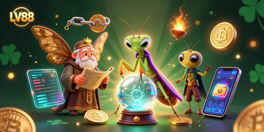 Experience exciting wins at LV88 with a unique casino-themed 3D illustration featuring mystical characters and blockchain elements.