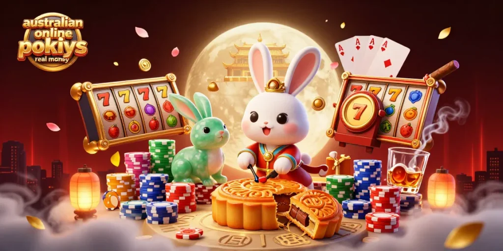 Experience australian online pokies real money with vibrant slots, poker chips, and playful characters.